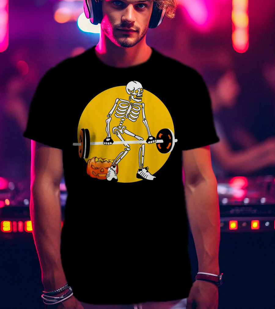 Skeleton Weightlifting With Pumpkin In Yellow Circle T-Shirt