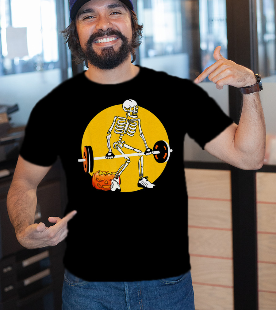 Skeleton Weightlifting With Pumpkin In Yellow Circle T-Shirt