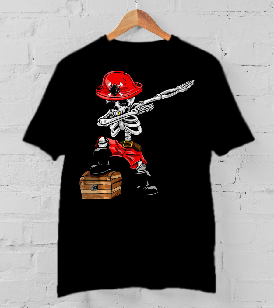 Dabbing Skeleton Pirate With Red Hat And Treasure Chest T-Shirt