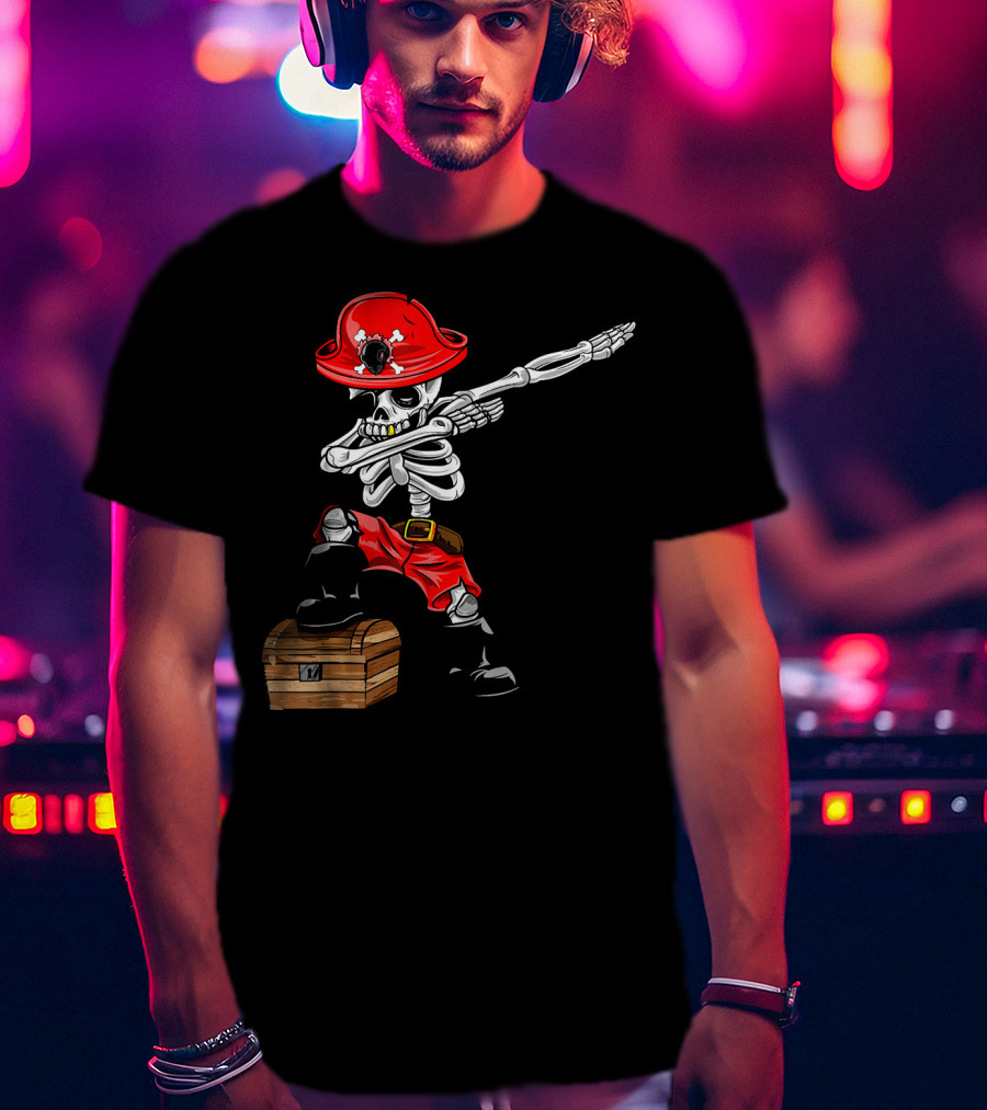 Dabbing Skeleton Pirate With Red Hat And Treasure Chest T-Shirt