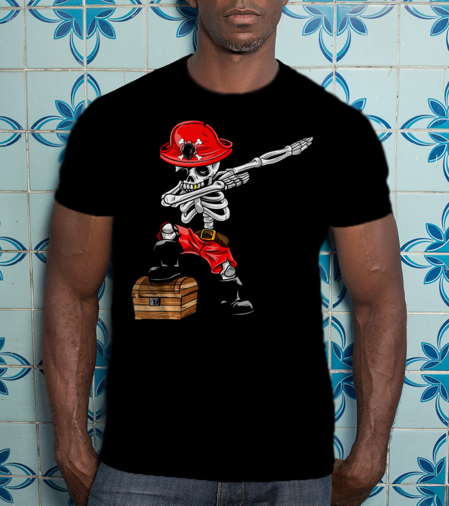 Dabbing Skeleton Pirate With Red Hat And Treasure Chest T-Shirt