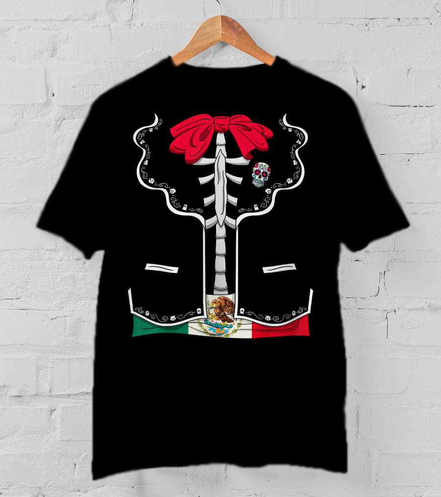 Day Of The Dead Dia De Los Muertos Mexican Skeleton Costume México Flag Sugar Skull Bow T-Shirt