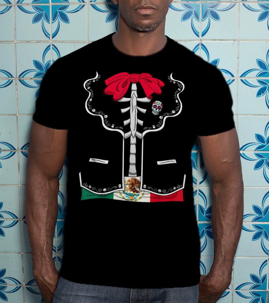Day Of The Dead Dia De Los Muertos Mexican Skeleton Costume México Flag Sugar Skull Bow T-Shirt