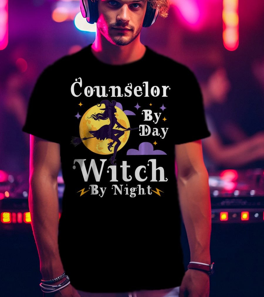 Counselor By Day Witch By Night Flying Broomstick And Full Moon T-Shirt