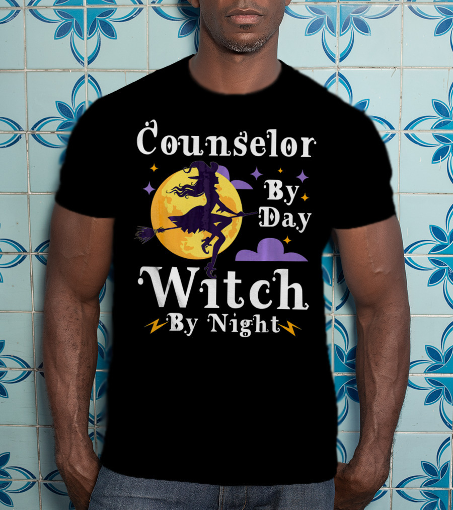 Counselor By Day Witch By Night Flying Broomstick And Full Moon T-Shirt