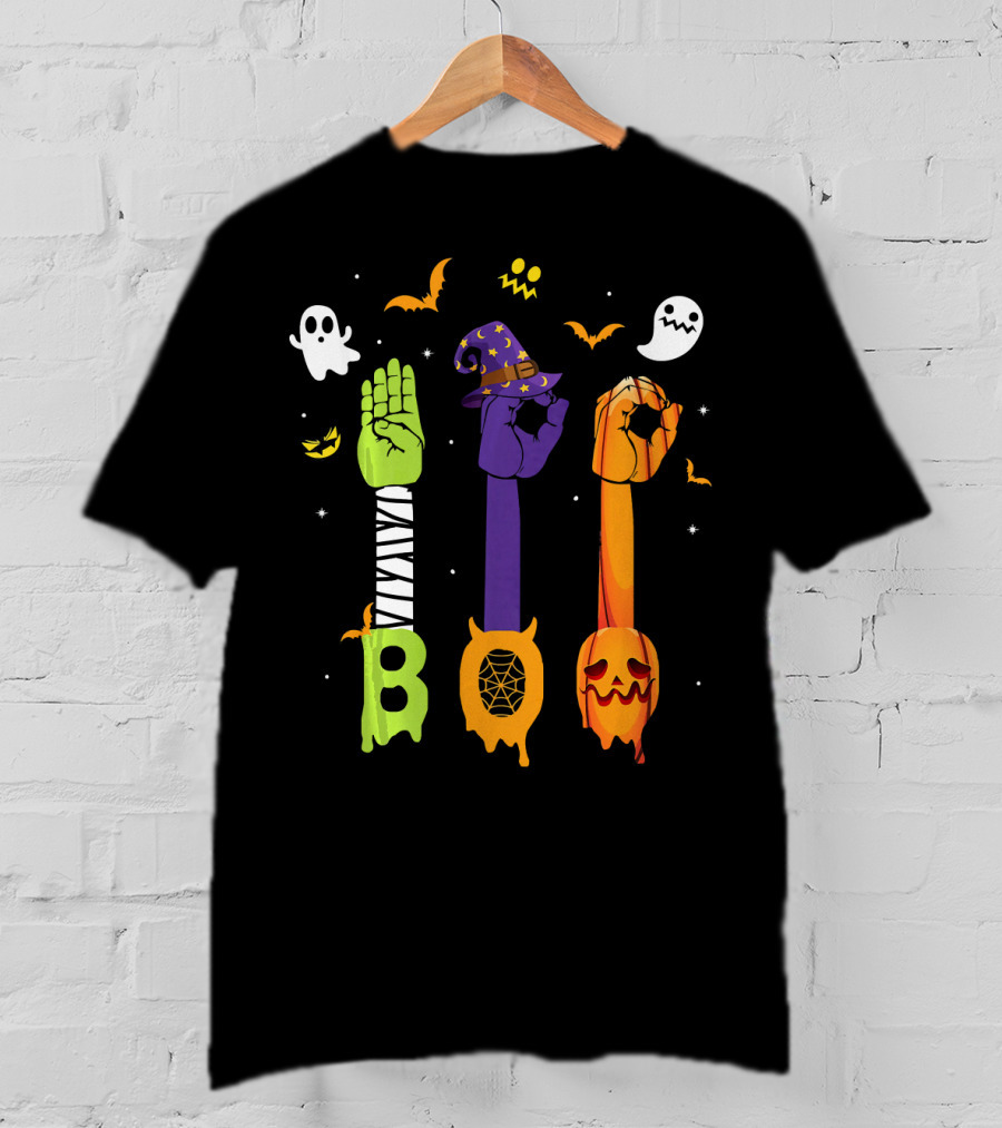 Boo Zombie Hand Sign Witch Hat Pumpkin Ghosts Halloween T-Shirt