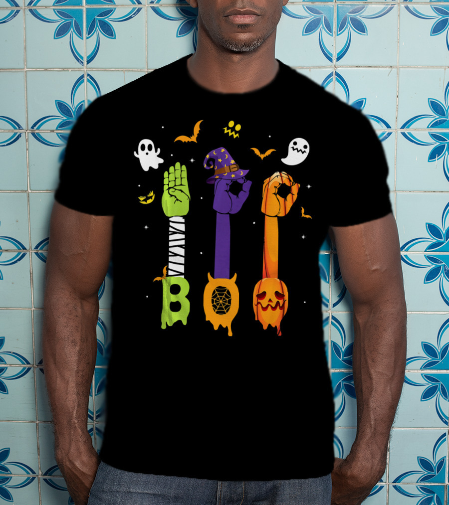 Boo Zombie Hand Sign Witch Hat Pumpkin Ghosts Halloween T-Shirt
