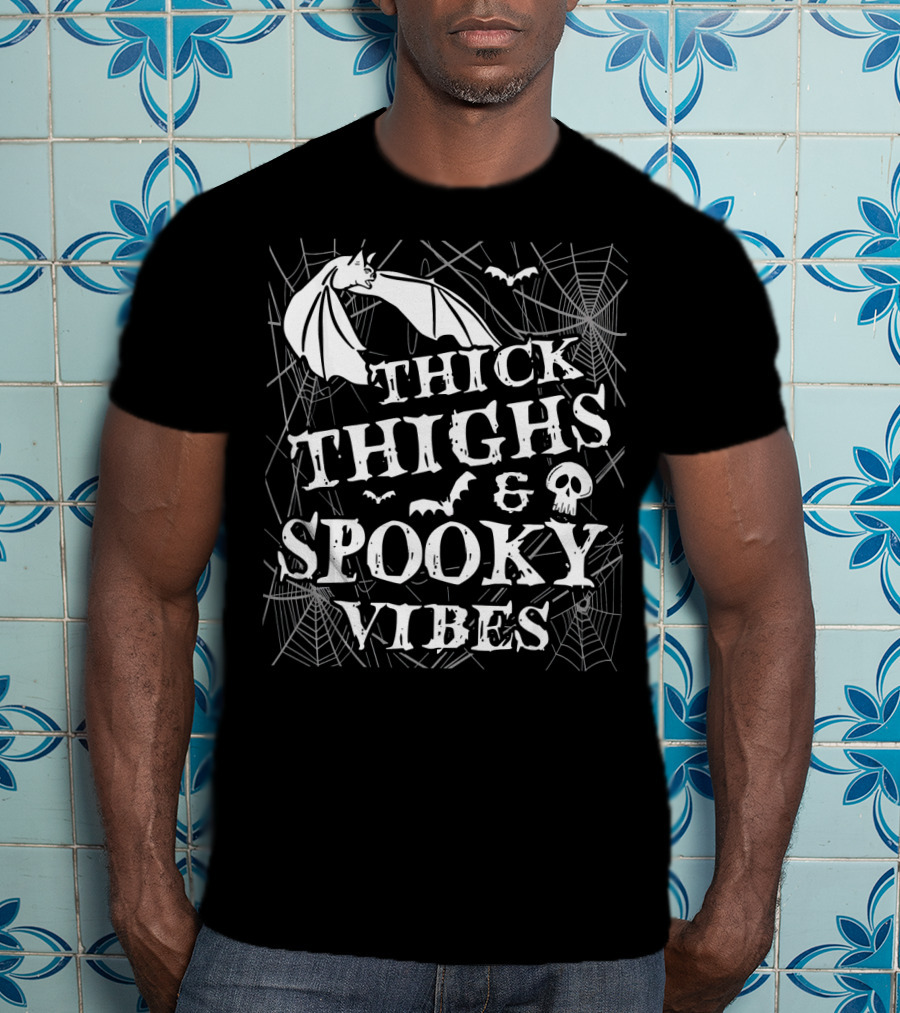 Thick Thighs Spooky Vibes Bat Skull Spider Webs T-Shirt