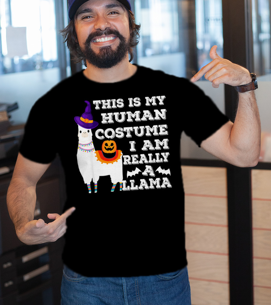 This Is My Human Costume I Am Really A Llama Halloween Witch Hat Pumpkin Bat T-Shirt
