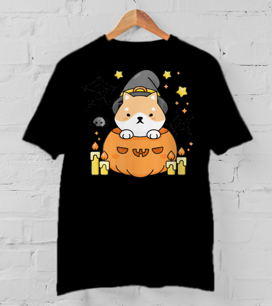 Kawaii Shiba Inu Dog In Witch Hat With Pumpkin And Candles Japanese T-Shirt