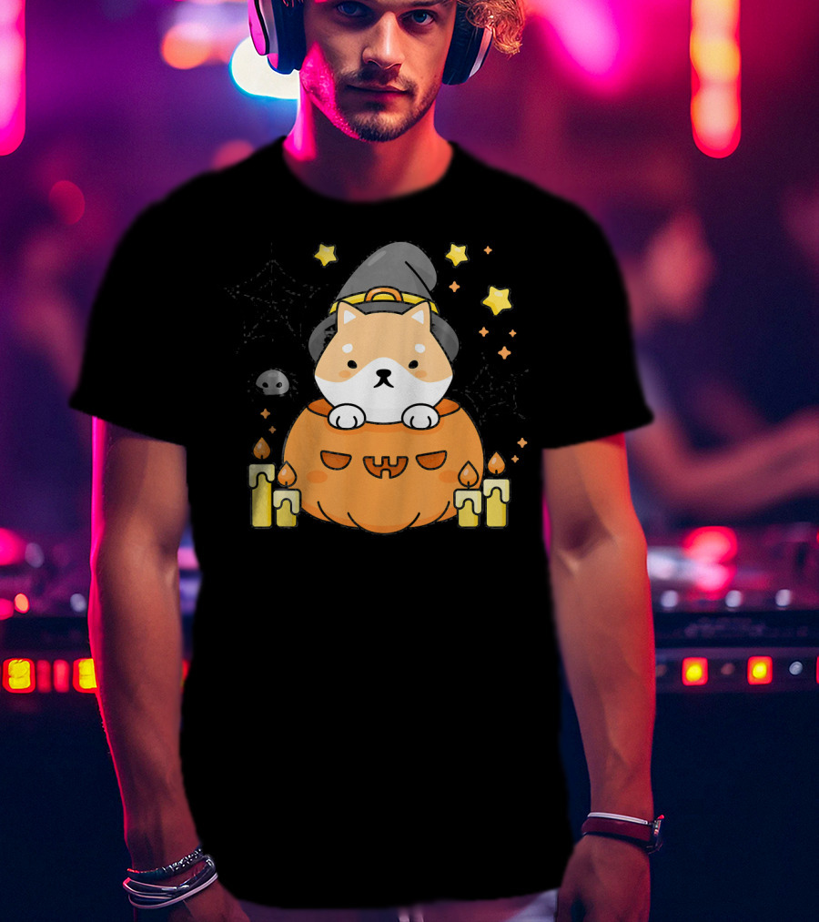 Kawaii Shiba Inu Dog In Witch Hat With Pumpkin And Candles Japanese T-Shirt