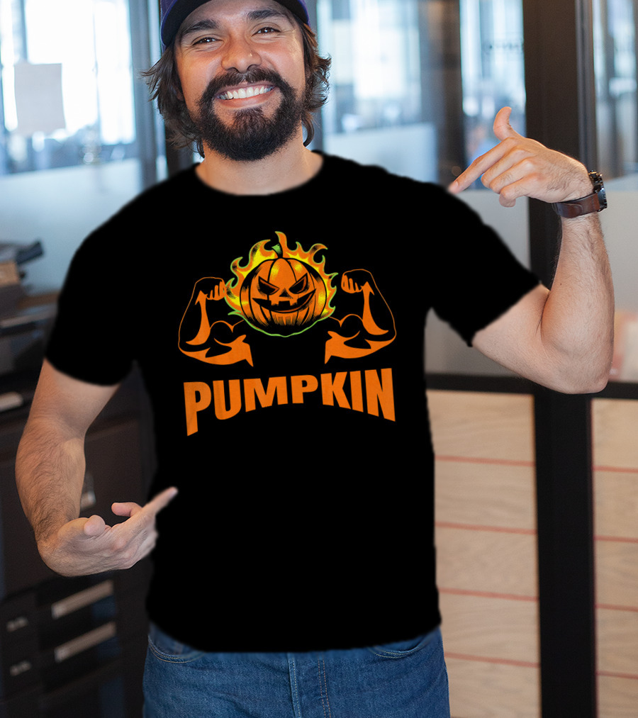 Bodybuilder Pumpkin Halloween Costume Muscles Jack-O'-Lantern T-Shirt