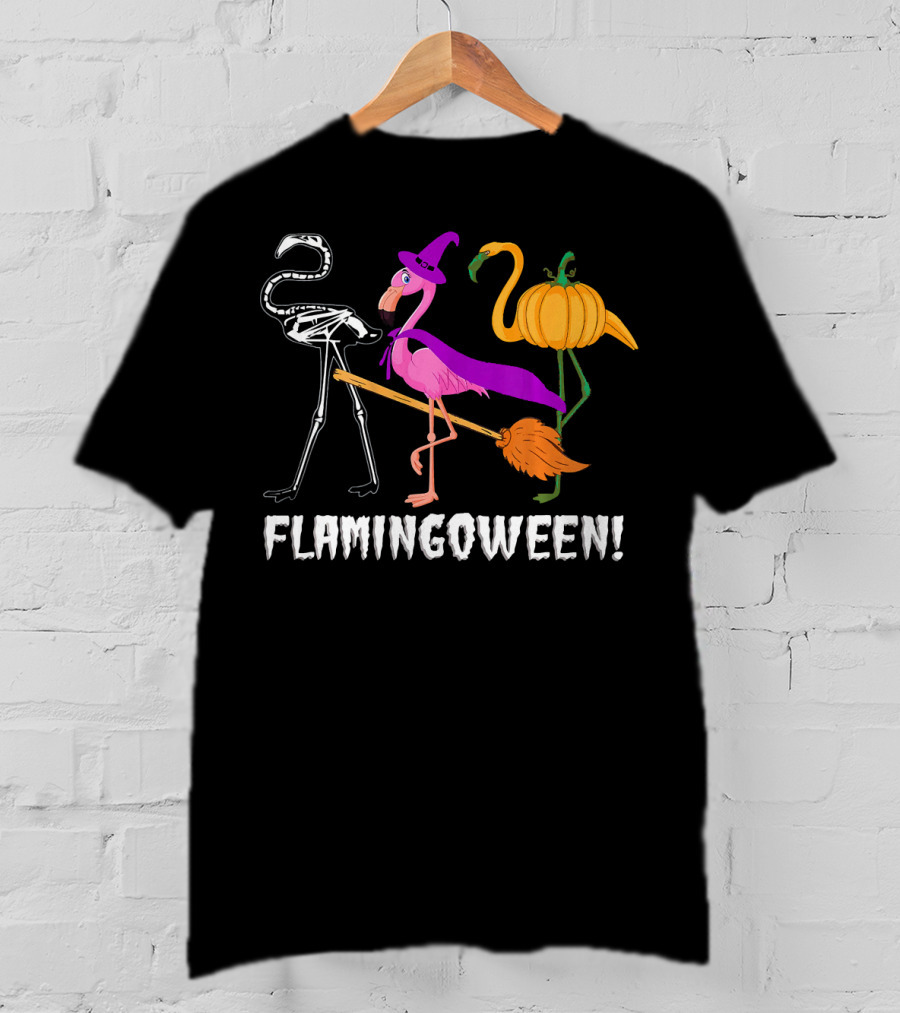 Flamingoween Skeleton Witch Pumpkin Flamingo Halloween T-Shirt