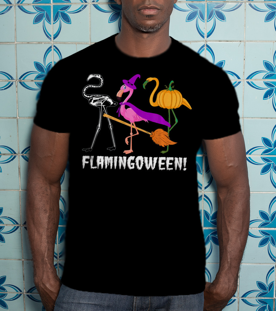 Flamingoween Skeleton Witch Pumpkin Flamingo Halloween T-Shirt