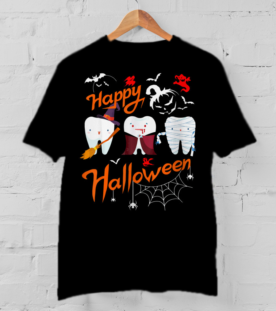 Happy Halloween Witch Vampire Mummy Teeth With Bats And Spiderweb T-Shirt