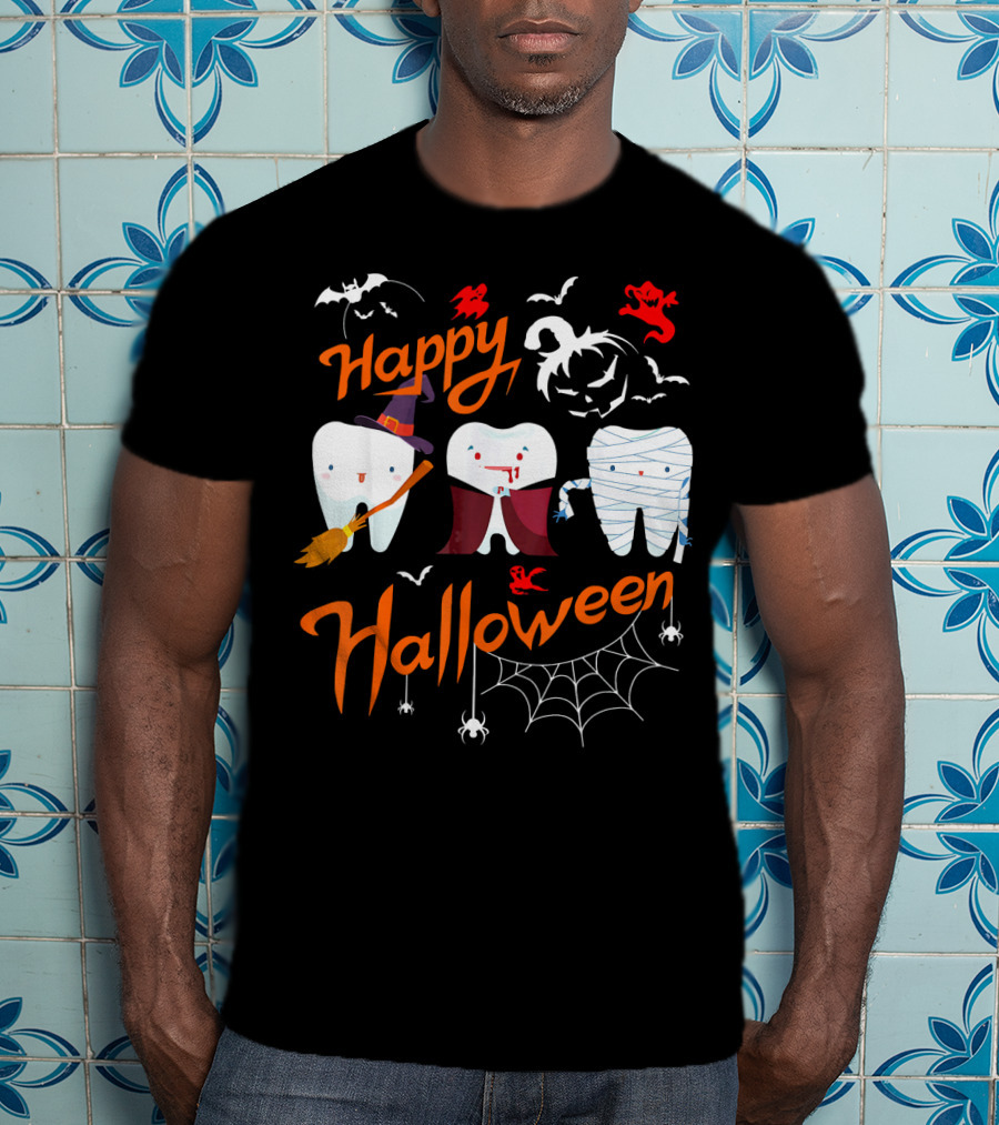 Happy Halloween Witch Vampire Mummy Teeth With Bats And Spiderweb T-Shirt