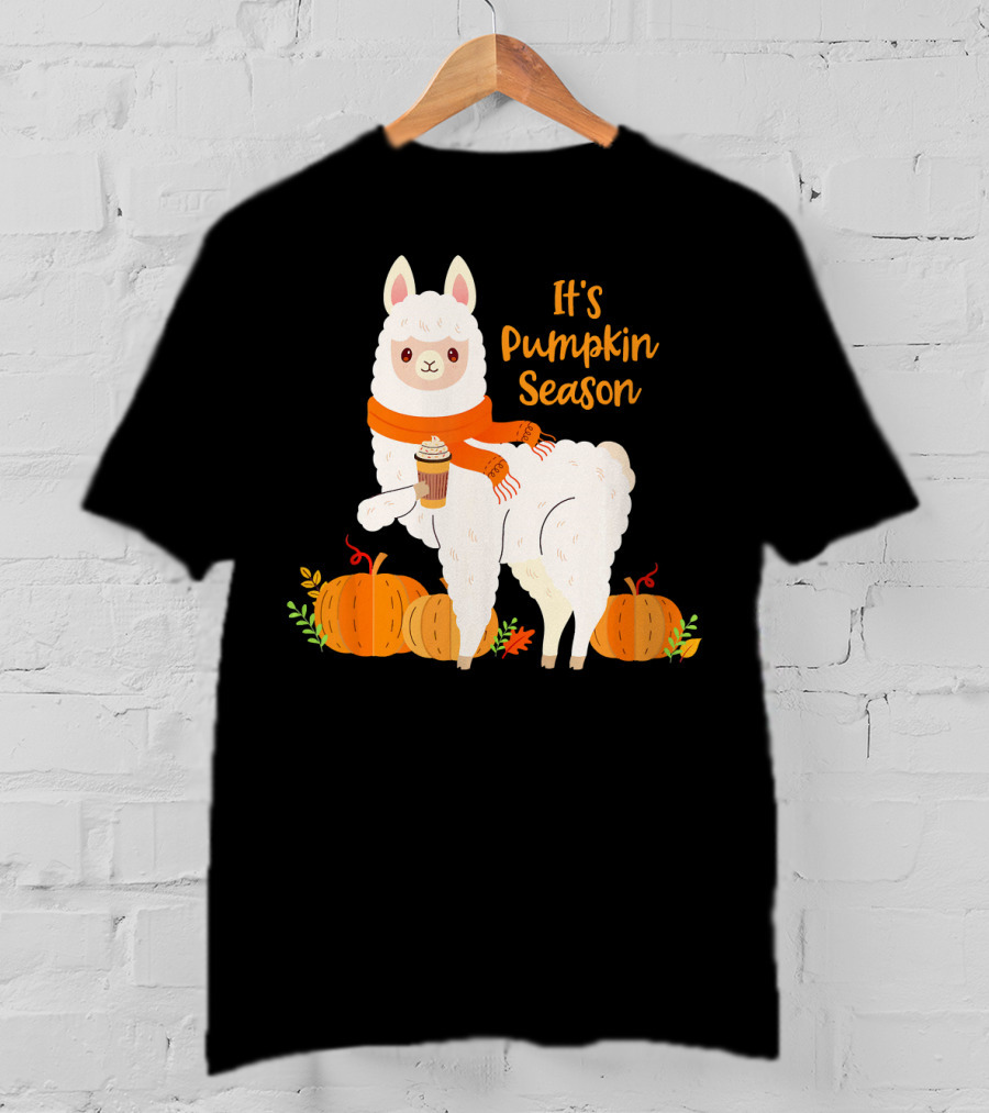 It's Pumpkin Season Llama With Autumn Leaves And Pumpkins T-Shirt