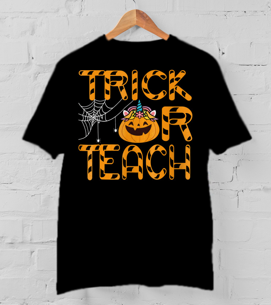 Trick Or Teach Funny Pumpkin Unicorn With Spider Web T-Shirt