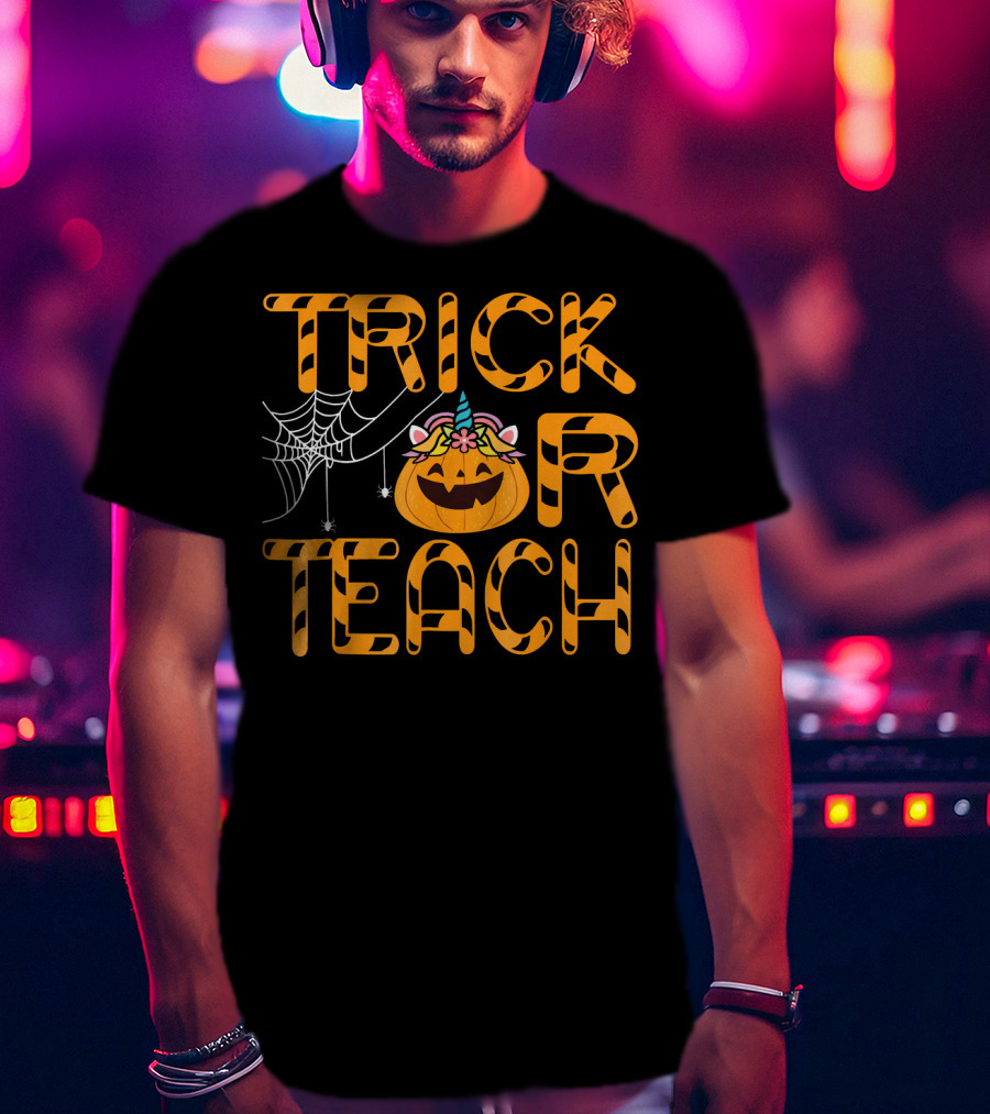 Trick Or Teach Funny Pumpkin Unicorn With Spider Web T-Shirt