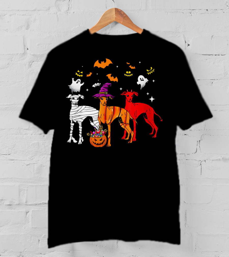 Halloween Italian Greyhound Dogs In Witch, Mummy, And Pumpkin Costumes With Ghosts And Bats T-Shirt
