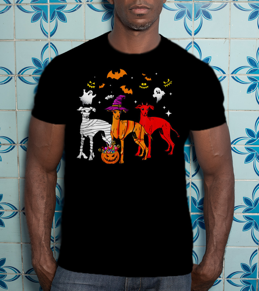 Halloween Italian Greyhound Dogs In Witch, Mummy, And Pumpkin Costumes With Ghosts And Bats T-Shirt
