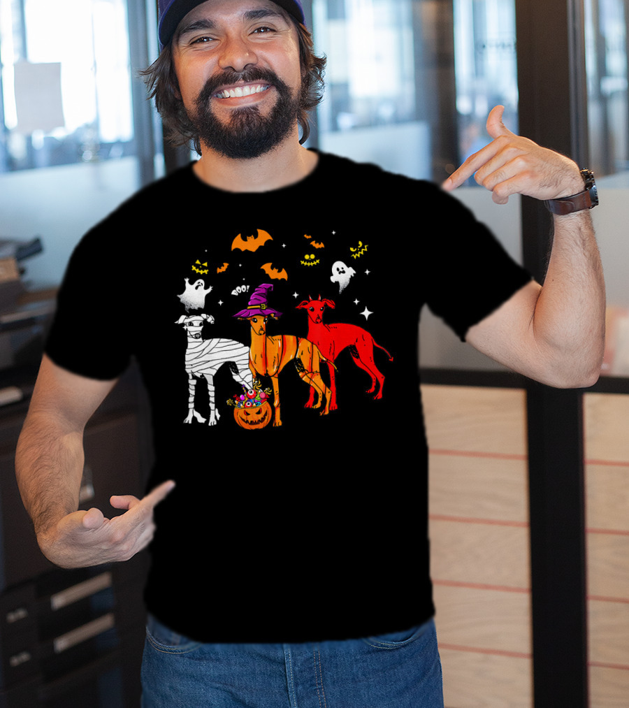Halloween Italian Greyhound Dogs In Witch, Mummy, And Pumpkin Costumes With Ghosts And Bats T-Shirt