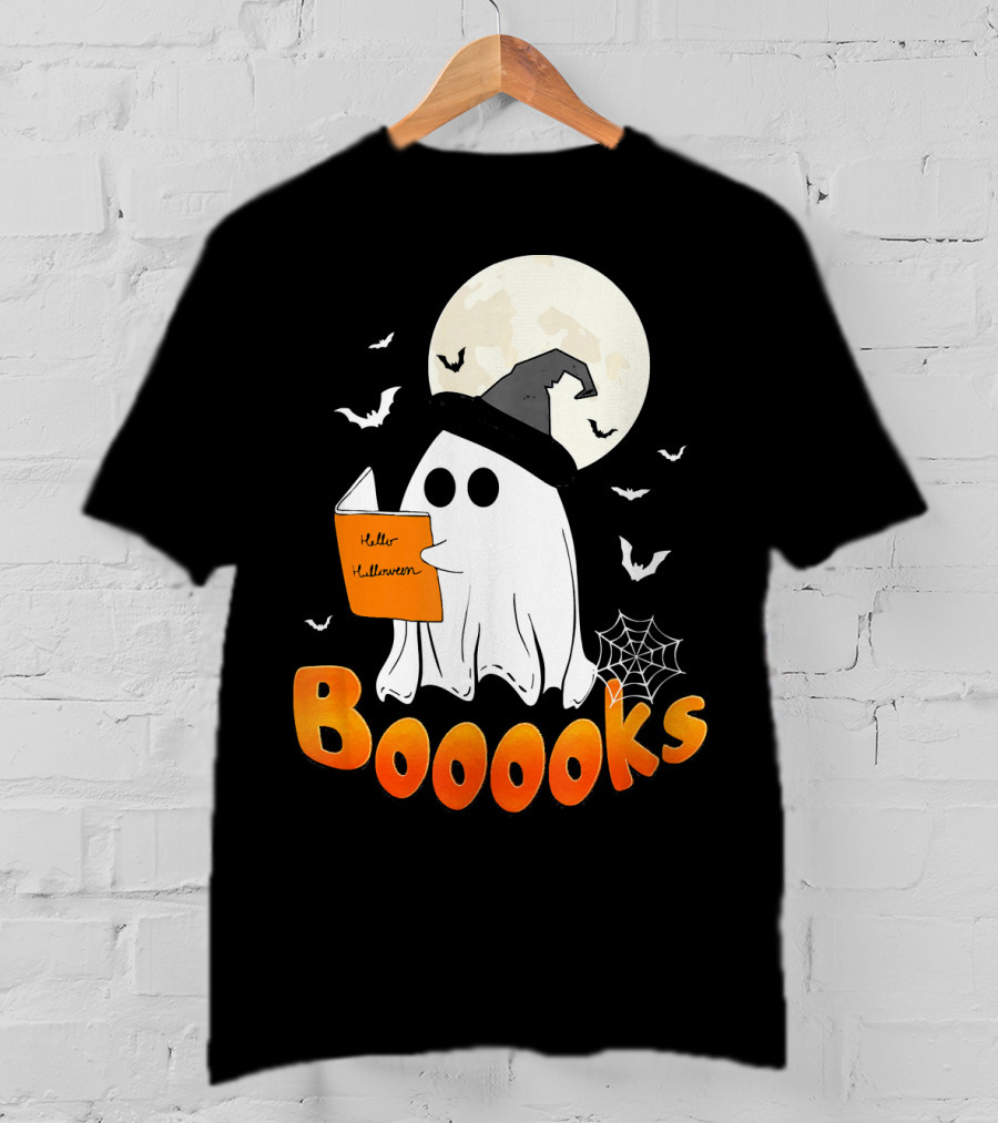 Boooks Ghost Reading Halloween Bats Moon Hat T-Shirt