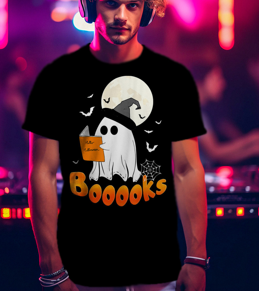 Boooks Ghost Reading Halloween Bats Moon Hat T-Shirt
