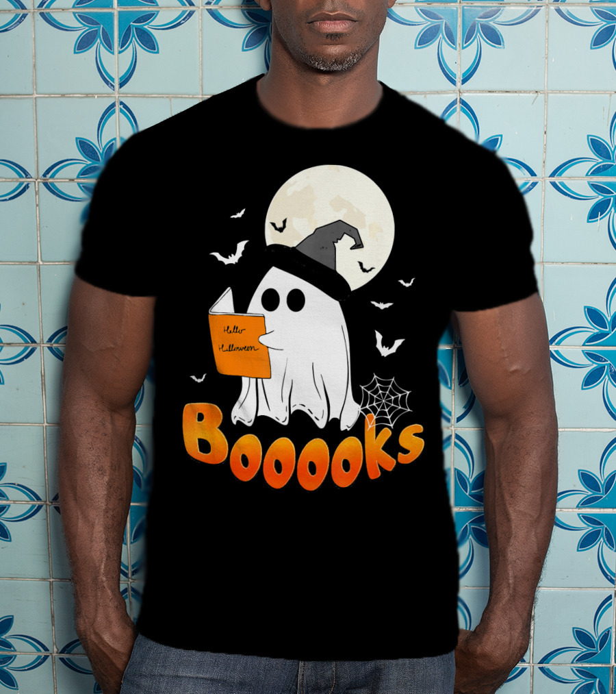 Boooks Ghost Reading Halloween Bats Moon Hat T-Shirt