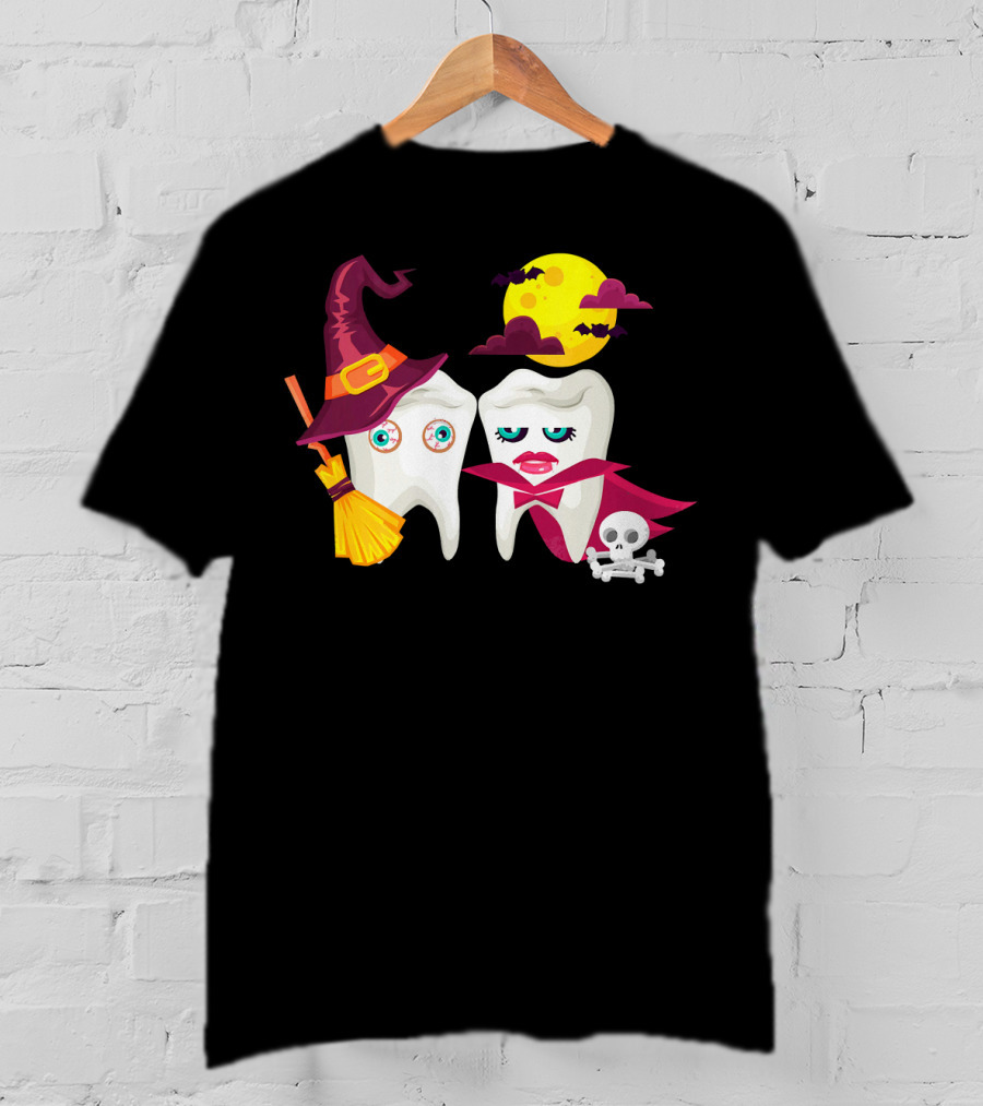 Witch Hat Broom Vampire Teeth Halloween Moon Bats T-Shirt