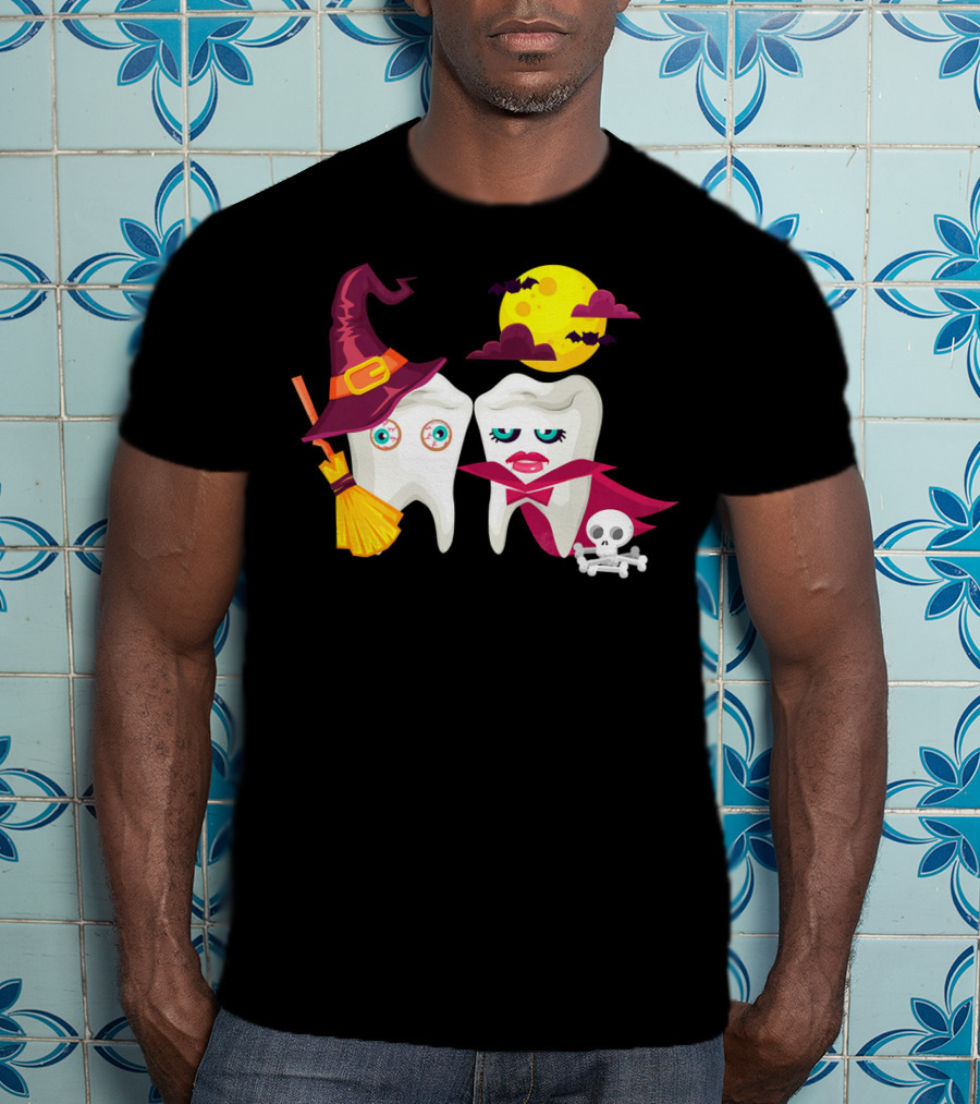 Witch Hat Broom Vampire Teeth Halloween Moon Bats T-Shirt