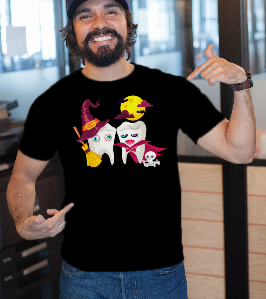 Witch Hat Broom Vampire Teeth Halloween Moon Bats T-Shirt