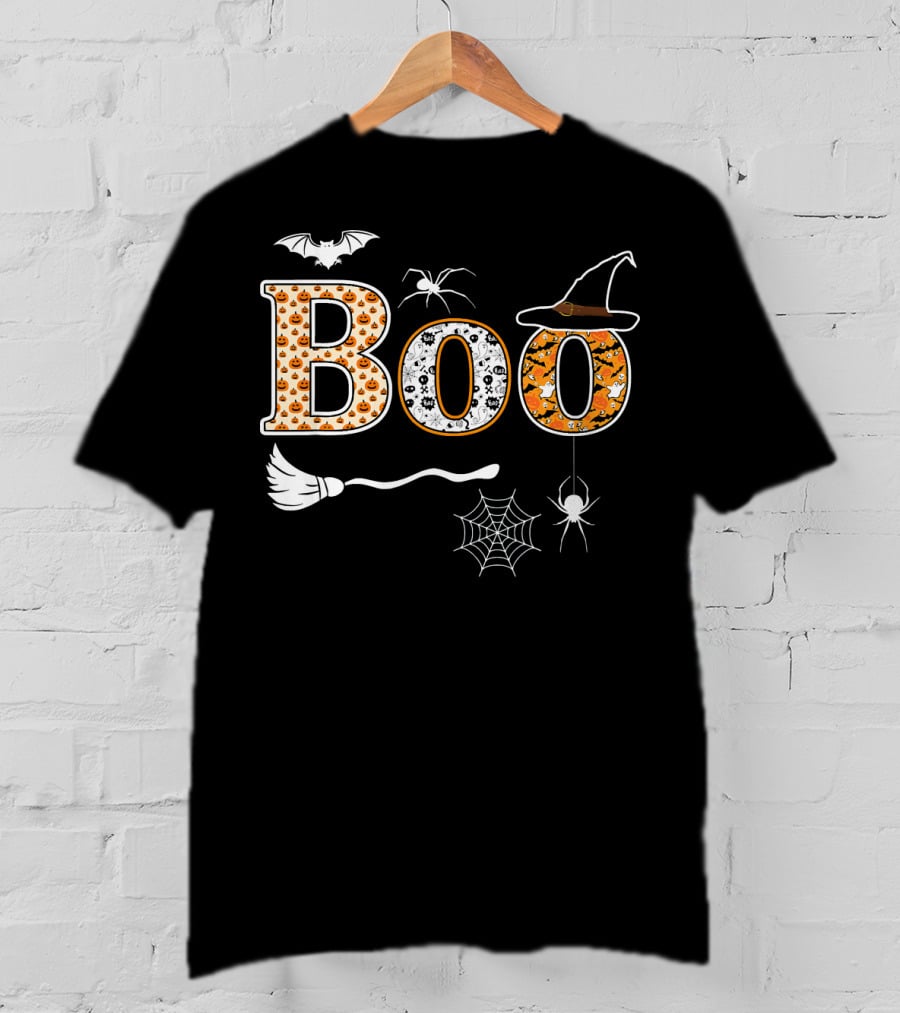 Halloween Boo Pumpkin With Witch Hat And Spider Web T-Shirt