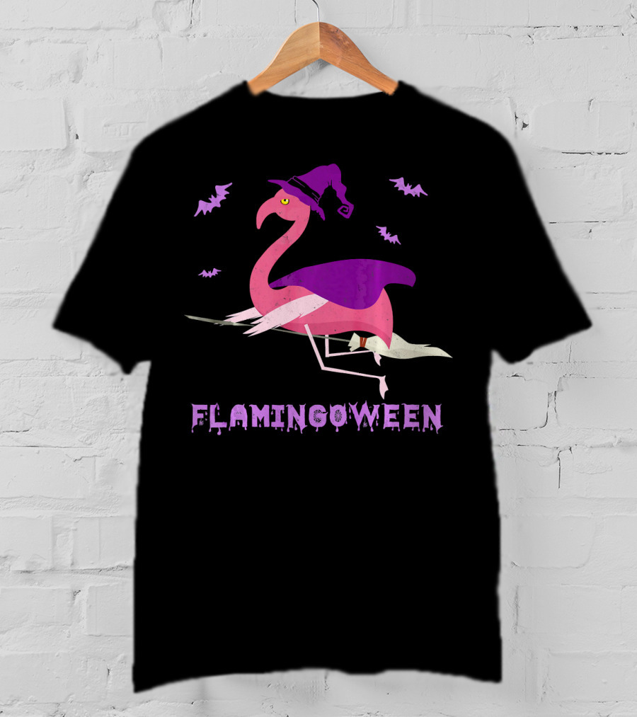 Flamingoween Funny Flamingo Witch With Bats And Broomstick T-Shirt