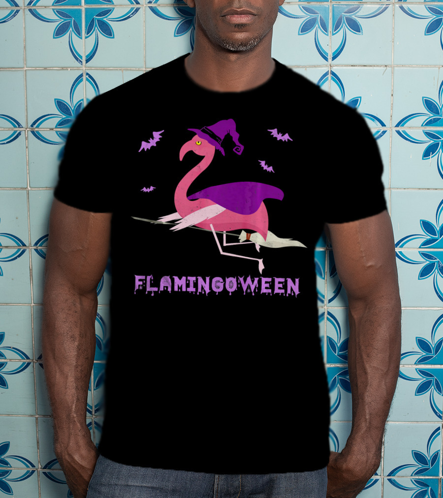 Flamingoween Funny Flamingo Witch With Bats And Broomstick T-Shirt