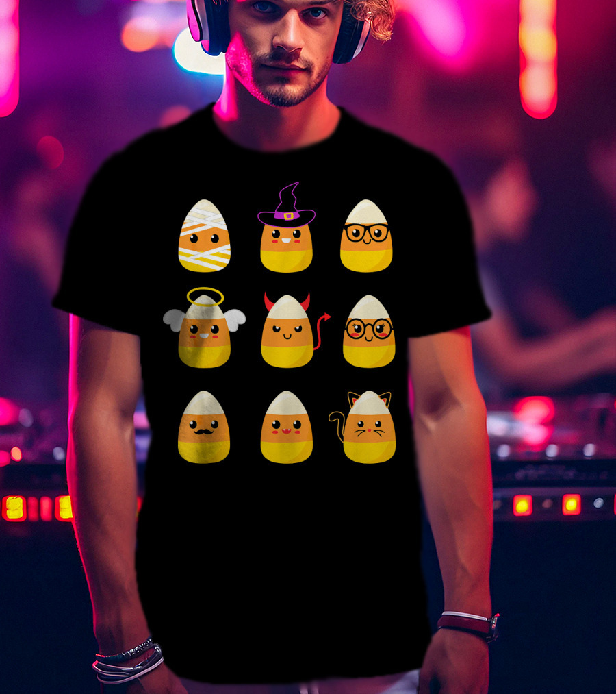 Candy Corn Characters Witch Angel Devil Cat Mummy Nerd Mustache T-Shirt