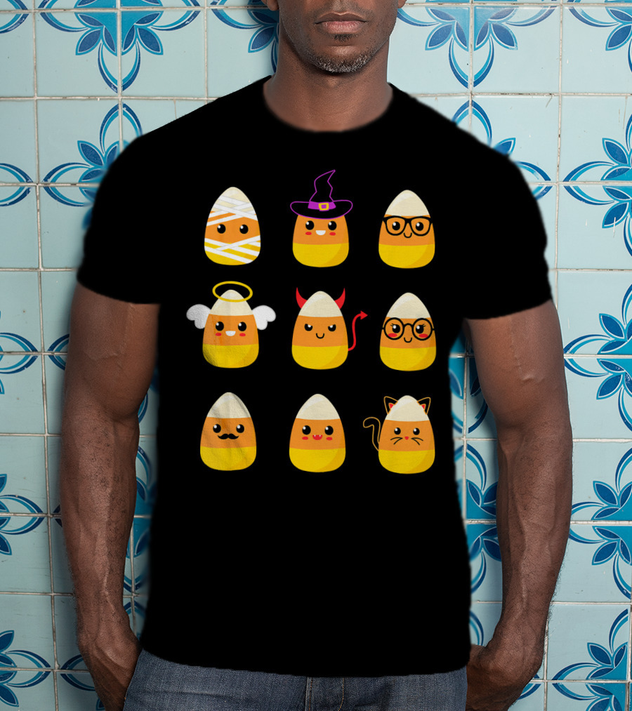 Candy Corn Characters Witch Angel Devil Cat Mummy Nerd Mustache T-Shirt