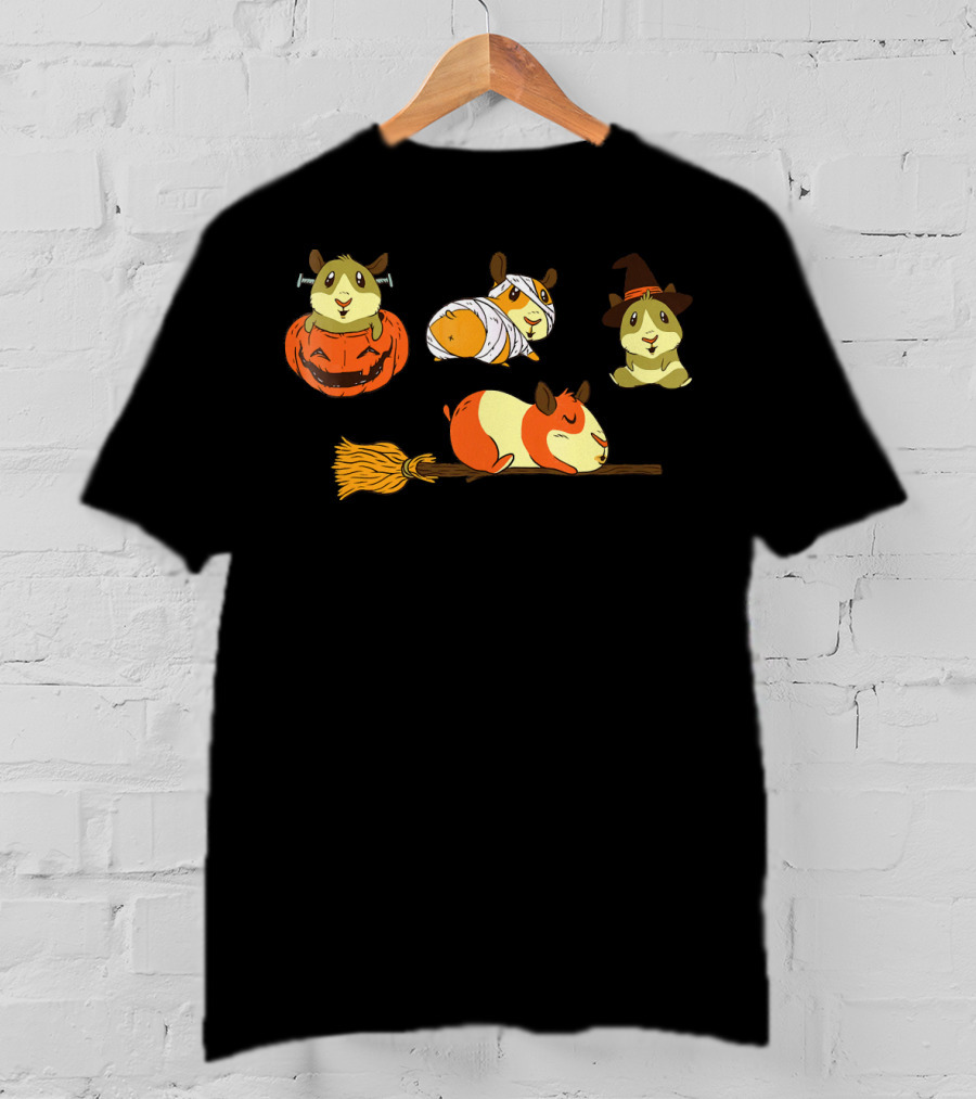 Funny Halloween Guinea Pigs With Witch And Pumpkin Costumes T-Shirt