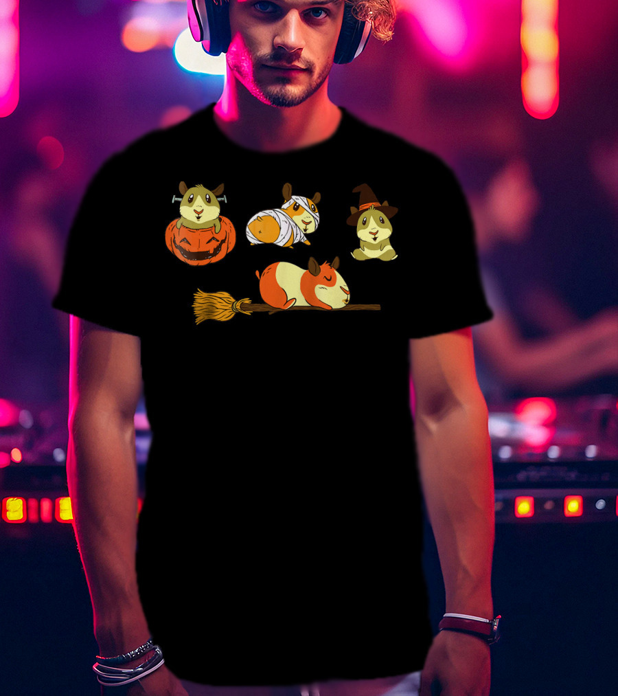 Funny Halloween Guinea Pigs With Witch And Pumpkin Costumes T-Shirt