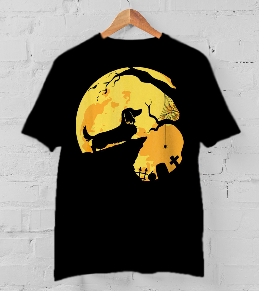 Dachshund Silhouette On Cliff With Full Moon And Halloween Graveyard Scene T-Shirt