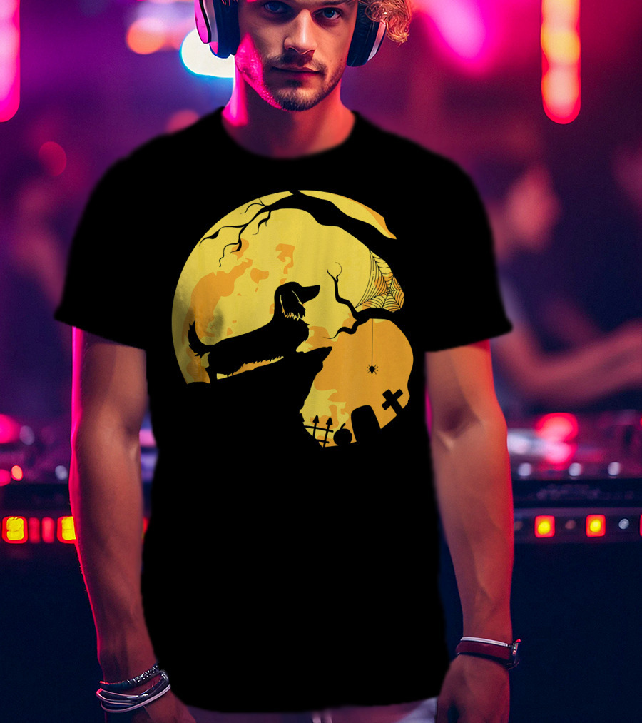 Dachshund Silhouette On Cliff With Full Moon And Halloween Graveyard Scene T-Shirt