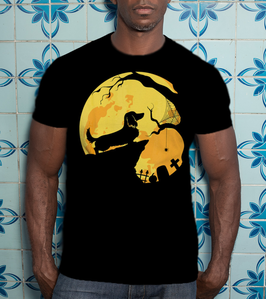 Dachshund Silhouette On Cliff With Full Moon And Halloween Graveyard Scene T-Shirt