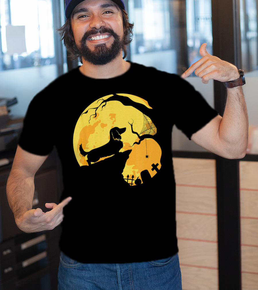 Dachshund Silhouette On Cliff With Full Moon And Halloween Graveyard Scene T-Shirt