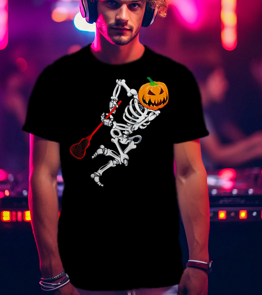 Skeleton Pumpkin Lacrosse Halloween T-Shirt
