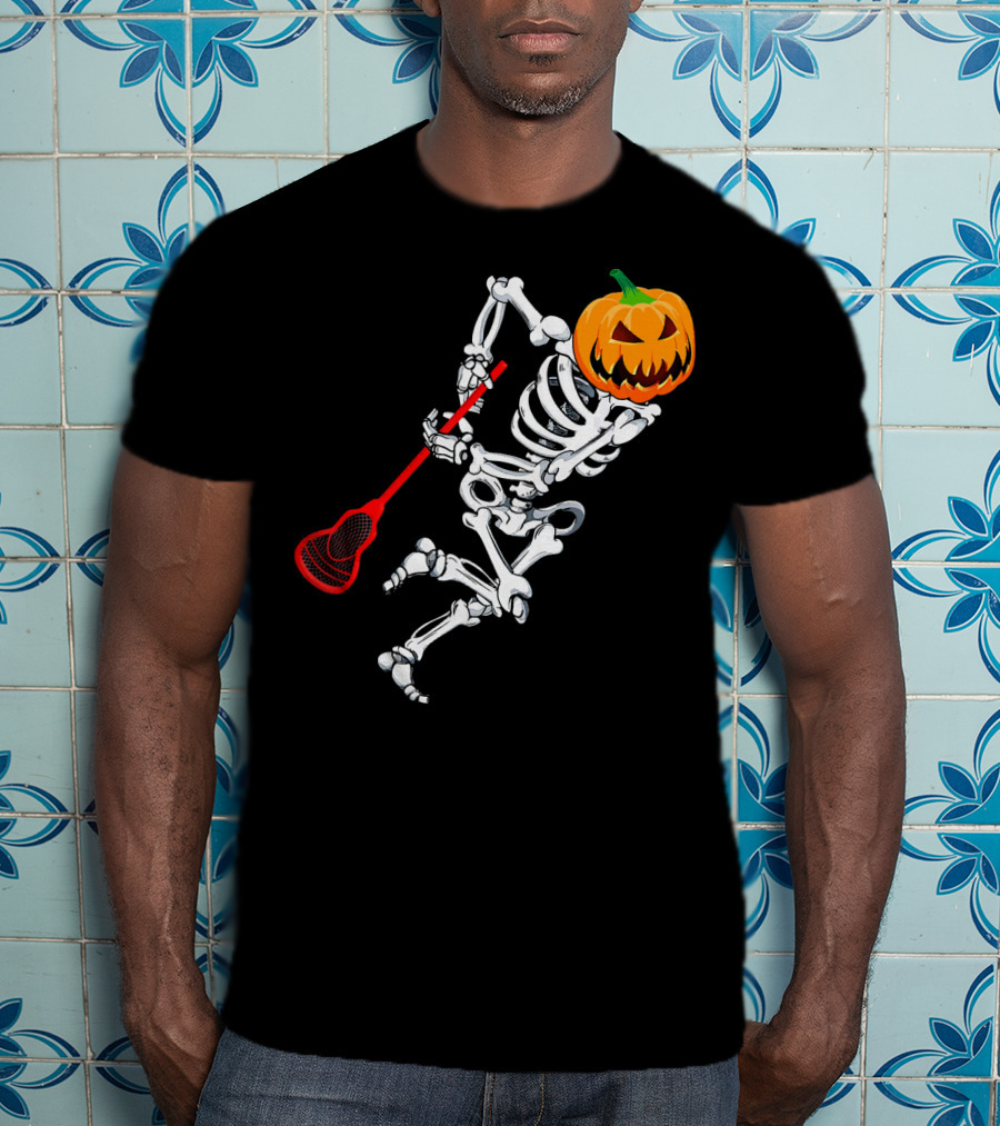 Skeleton Pumpkin Lacrosse Halloween T-Shirt