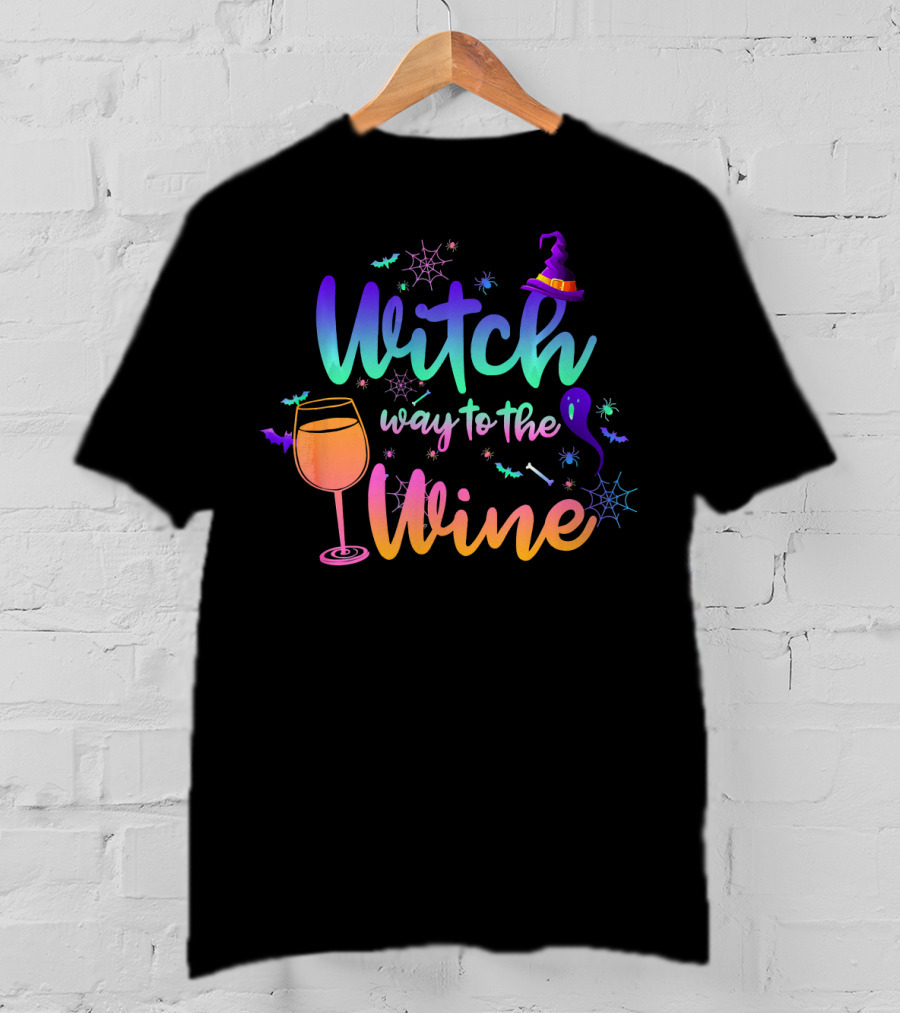 Witch Way To The Wine Halloween Drinking Colorful Witch Hat Wine Glass Spiders Bats T-Shirt
