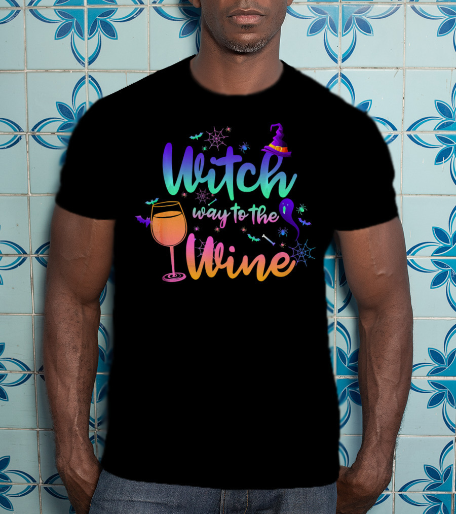 Witch Way To The Wine Halloween Drinking Colorful Witch Hat Wine Glass Spiders Bats T-Shirt