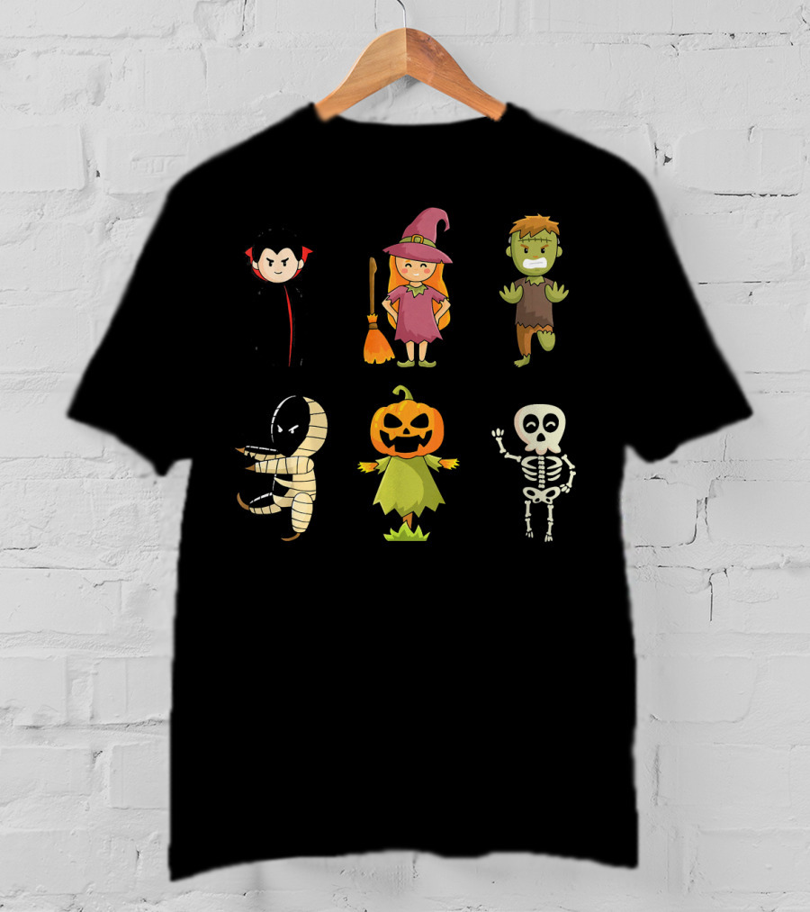 Halloween Characters Dracula Zombie Witch Pumpkin Mummy Skeleton T-Shirt