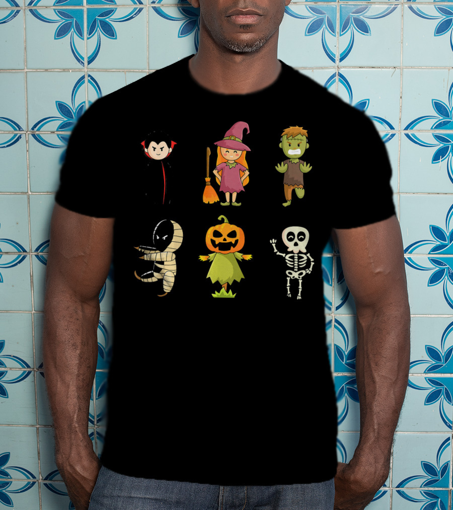 Halloween Characters Dracula Zombie Witch Pumpkin Mummy Skeleton T-Shirt