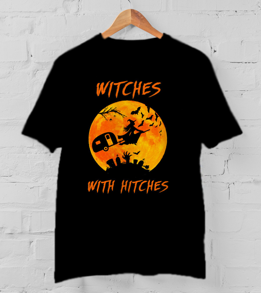 Witches With Hitches Halloween Moon Bats Graveyard Scene T-Shirt